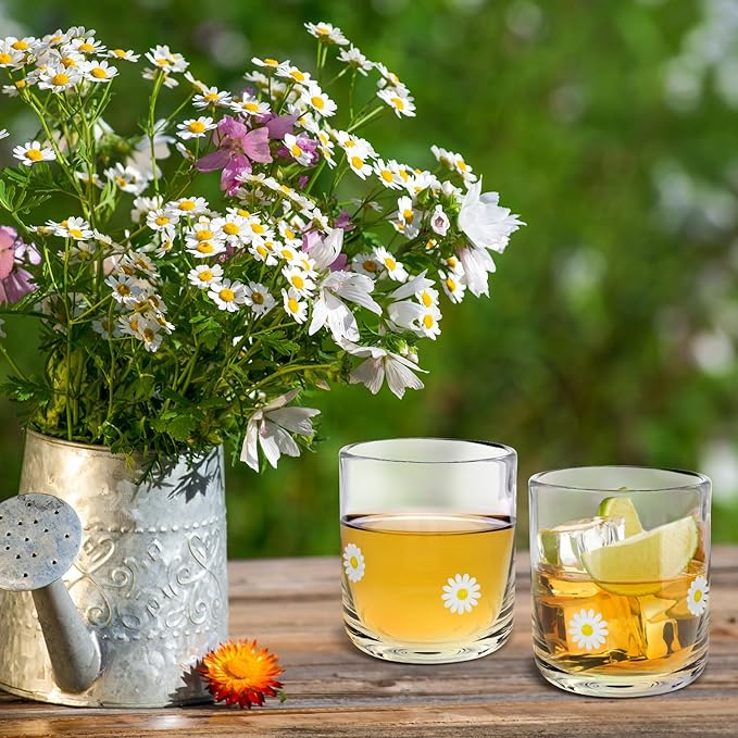 Icon Juice Glasses, 14oz Stemless Wine Drinking Juice Glass Cup for Valentine Party Supplies Gift(2 Pcs,Daisy)