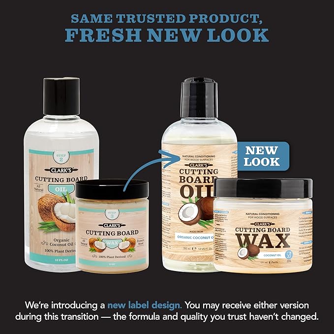 CLARK'S Coconut Cutting Board Finishing Kit - Refined Coconut Oil (12oz), Wax (6oz), Applicator and Buffing Pad - Butcher Block Oil and Wax