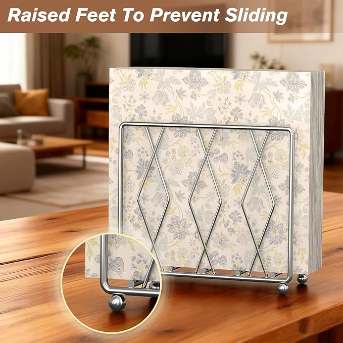 Napkin Holder for Table, 2 Pack Modern Metal Napkin Holders for Paper Napkins & Kitchen Dining & Countertops, Cocktail Upright Napkin Holder Dispenser Suitable for All Room Decors (Silver)