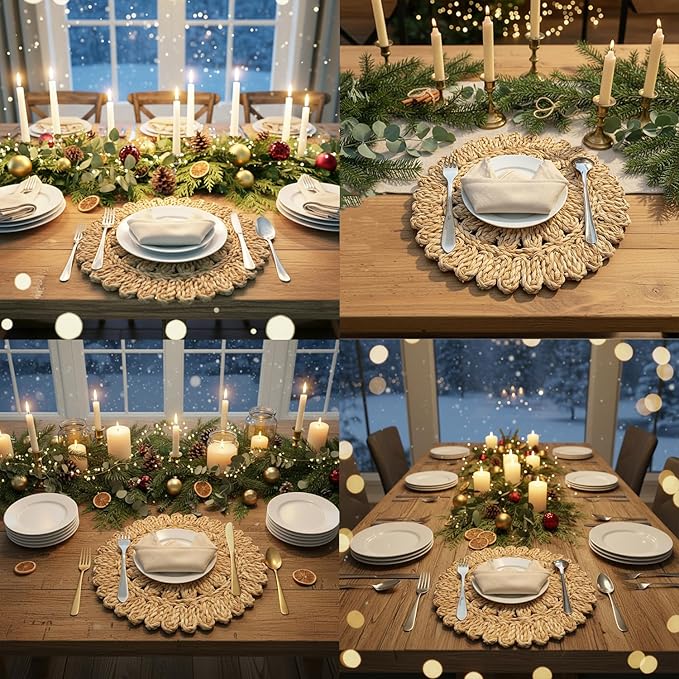 13.8" Round Corn Husk Placemats | Boho Woven Rattan Table Mats | Natural Spring Farmhouse Plate Chargers | Handmade Rustic Wicker Place Mats for Christmas Wedding (Set of 6)