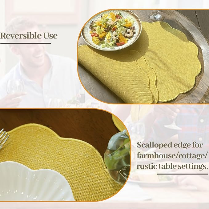 AHHFSMEI Round Faux Linen Placemats Set of 8 Waterproof Table Mats Heat Resistant Non-Slip and Stain Proof for Kitchen Dining Elegant Decor (Yellow,8)