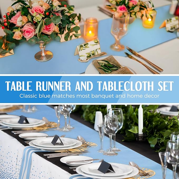 Breling 8 Pack Winter Baby Blue and White Disposable Plastic Tablecloths and Satin Table Runner Set, 54 x 108 Inch Tablecloth, 12 x 108 Inch Table Runners for Wedding Birthday Baby Shower New Year