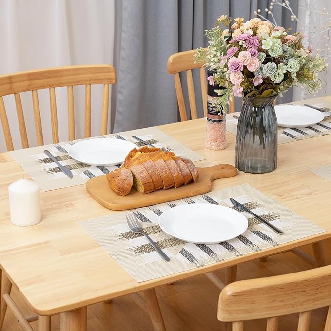 Winknowl Placemats Set of 6, Heat Resistant Stain Resistant Woven Vinyl Insulation Place mats, Durable Washable Elegant Table Mats for Kitchen Dining Table Decor (Geometric Beige)
