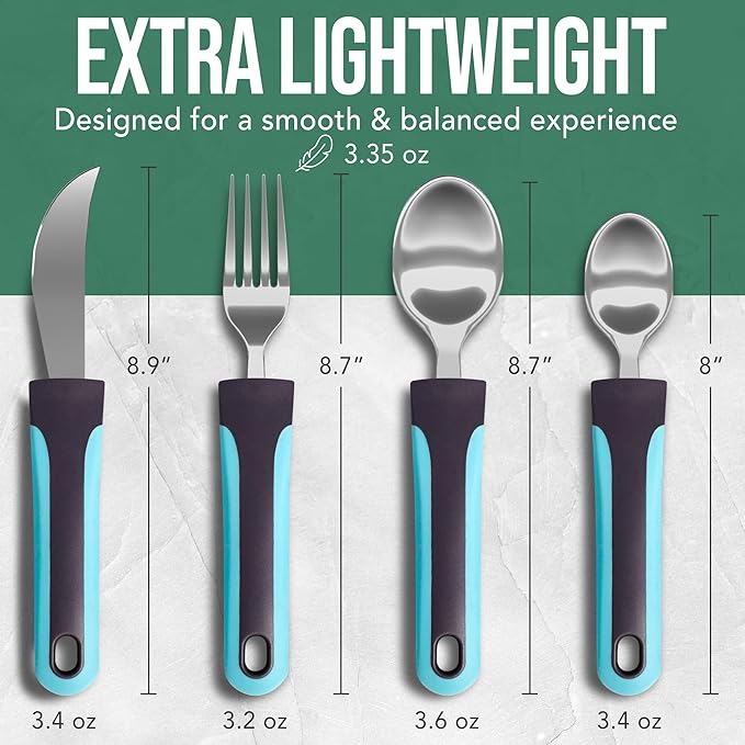 BUNMO Adaptive Utensils for Elderly, Arthritis, Weak Hand Grip, Tremors & Handicapped - Convenient Travel Pouch - 3.35oz Lightweight - Stainless Steel - Eat Independently - Adaptive Blue 4 Piece Set