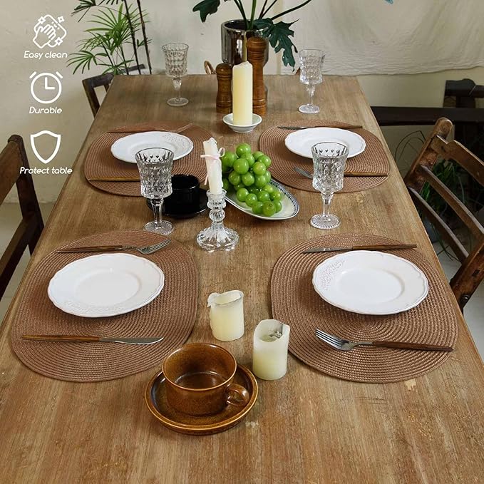 FunWheat Oval Braided Placemats Set of 8 Table Mats for Dining Tables Washable Heat Resistant Place Mats for Indoor Outdoor Use 12 x18 Inch(Oval Light Brown, 8pcs)