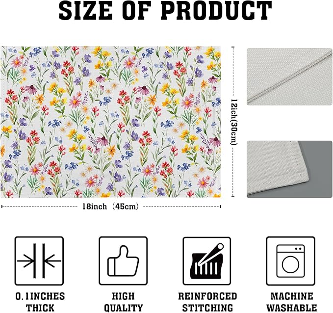 Daisy Sunflower Placemats - Spring Summer Tablemats 12x18 Floral Flowers Blossom Place Mats Set of 4 for Party Kitchen Dining Multicolor