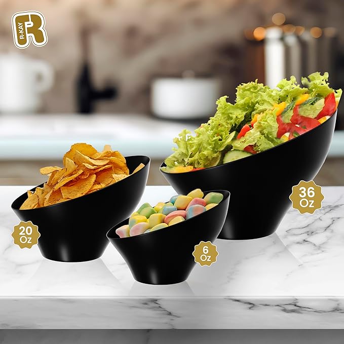 R-kay 6 Pack Black Large Plastic Bowls - Premium Plastic Serving Bowls Heavy Duty For Weddings Catering, Parties, And All Occasions 36 Oz (Black, Large)
