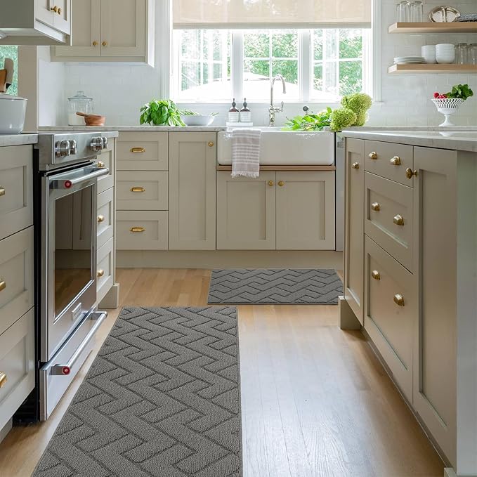 hicorfe Kitchen Rugs and Mats Sets,2 Pieces Super Absorbent Polypropylene Non-Slip Rug,Soft Comfort Floor Mat,Machine Washable for Kitchen,Hallway,Office,Sink,Laundry(20" x 32"+20" x 59",Grey)