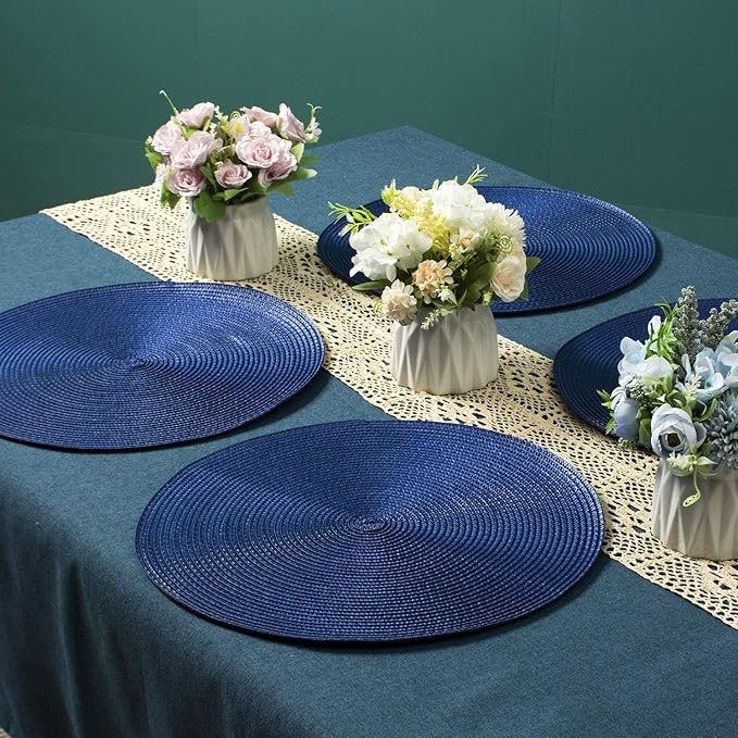 AHHFSMEI Round Braided Placemats 15 Inch Round Table Mats for Dining Tables Natural Woven Heat Resistant Place mats Set of 8 (Navy Blue,8)