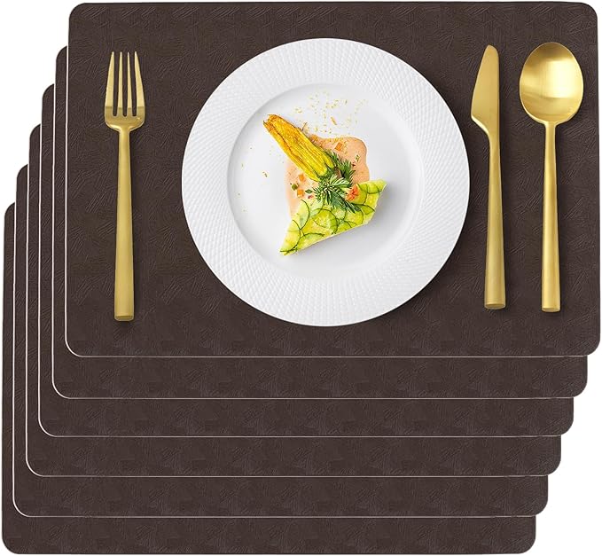 Vinyl Placemats Set of 6 Faux Leather 100% Waterproof Wipeable Washable Place Mats Heat Resistant Easy Clean Non-Slip Table Mats for Indoor Outdoor. (6,Coffee)