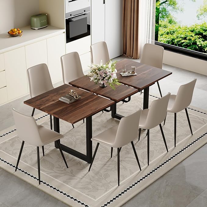 Extendable Dining Table Set for 8, 55"–71" Modern Wood Kitchen Table with 8 Upholstered Chairs, Space-Saving for Living Room Apartment, Sturdy & Comfortable, Easy Assembly