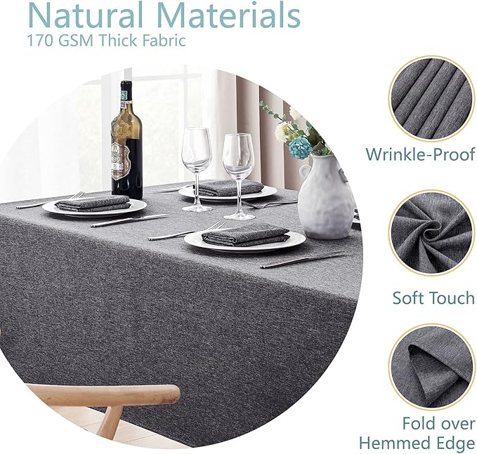 Rectangle Tablecloth Linen Textured Waterproof & Stain Resistant Table Cloth Wrinkle Free Decorative Fabric Farmhouse Table Cover for Dining/Party/Buffet/Wedding, 52 x 70 Inch, Dark Grey
