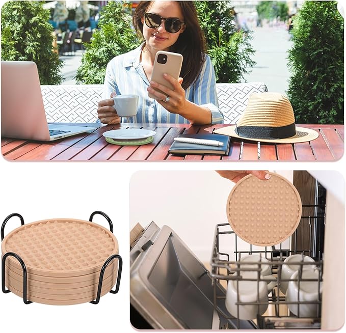 uxcell Set of 6 Round Drink Coasters with Holder, 4" Silicone Coaster for Drinks Non-Slip Cup Coaster Heat Resistant Glass Cushion for Bar Kitchen Office Decor, Beige(Pentagon)