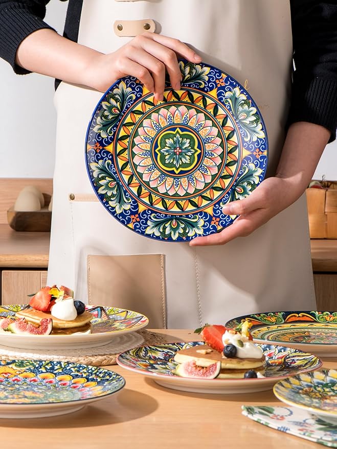 Henten Home Ceramic Dessert Plates Set of 6, 8.5 Inch Porcelain Salad Plate, Colorful Bohemian Style Serving Dishes for Cake, Snack, Appetizer, Decorations, Dishwasher & Microwave Safe
