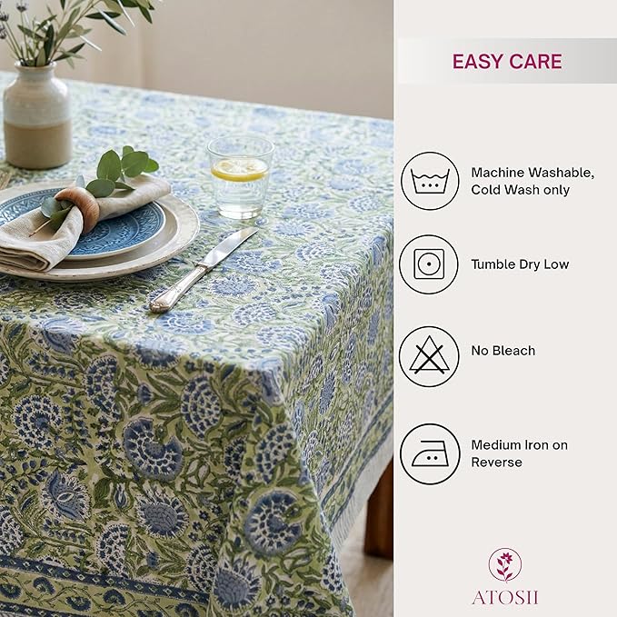 ATOSII Amara Green 100% Cotton Square Fall Tablecloth, Handblock Floral Print Linen Table Cloth for Kitchen Dining I Weddings, Outdoors, Parties, Easter I Fall Decor 60 X 60 Inches I 4 Seater