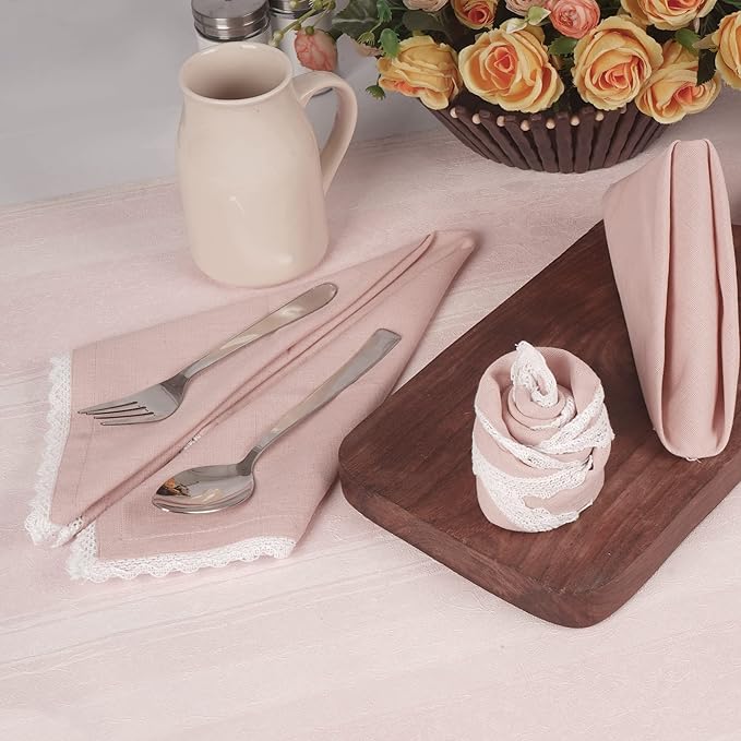 Fingercraft Dinner Cloth Napkin Cotton Linen Set of 12 Mitered Corners with Natural Elegant Lace for Everyday Use Napkins are Pre Shrunk and Good Absorbency with Lace 20x20 in Dusty Pink