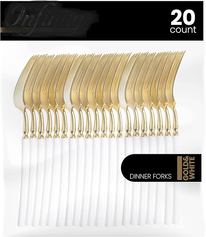 PlasticPro 20 Count Gold and White Plastic Dinner Forks Premium Quality Heavy Duty Disposable Elegant Silverware Two Tone Forks for Party