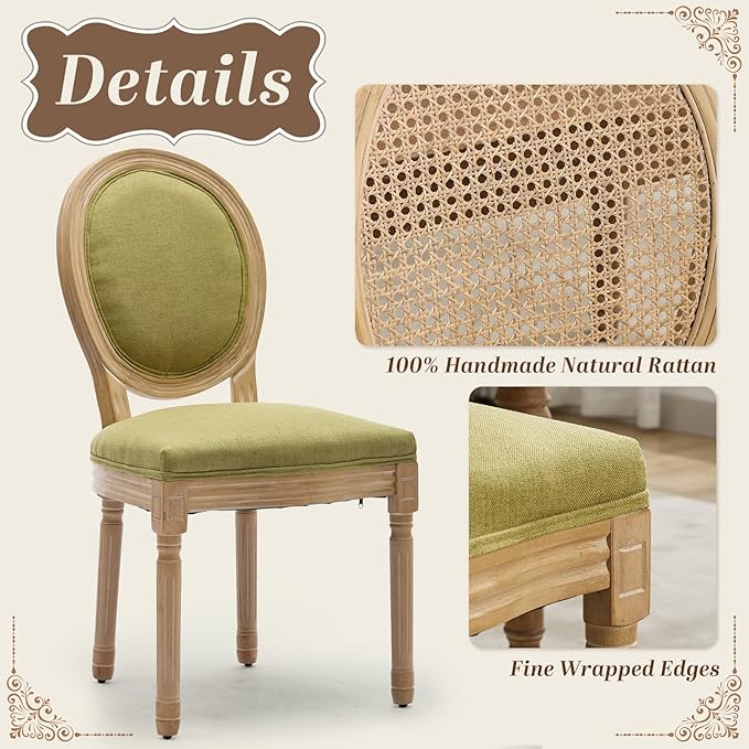SoarFlash French Dining Chairs Set of 2, Vantage Dining Chair with Round Back, Wood Leg Farmhouse Country Dining Chair for Kitchen,Bedroom,Olive Green