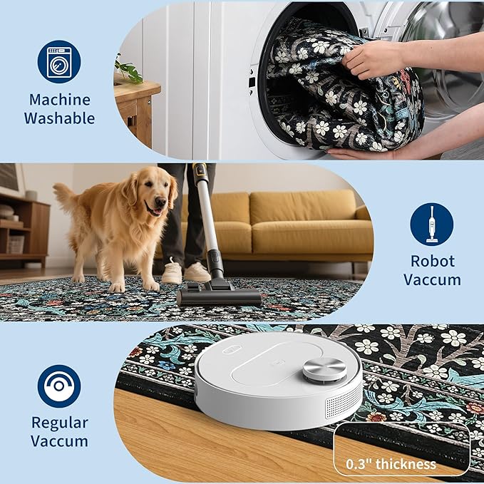 GarveeHome Kitchen 2x6 Runner Rug, Floral Washable Rugs for Hallways Non Slip Stain Resistant, Boho Soft Rug Botanical Carpet for Entryway, Laundry Room, Bedroom Floor Mat, Black