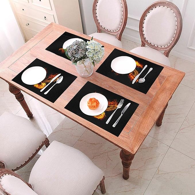 Fire Phoenix Placemats Set of 4, Black Gold Table Mats Heat Resistant Washable Placemat for Kitchen Dining Table Black Linen Placemats 12x18 Inch