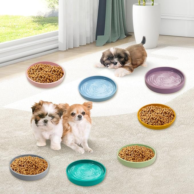 Silicone Dog Bowl Shallow Cat Food Bowls 7in Flat Puppy Plates Cute Whisker Fatigue Pet Feeding Dishes Set of 2 for Dry and Wet Food Indoor (Round Bean Green)