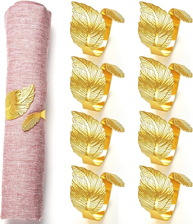 Gold Leaf Napkin Rings Set of 8,Metal Napkin Ring Holder Bulk for Holiday Party,Wedding,Banquet Elegant Table Setting,Classic Dining Room Decor (8)