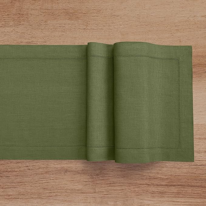 Solino Home Linen Table Runner 36 Inches - 100% Pure Linen Olive Hemstitch Table Runner 14 x 36 Inch Ideal for Dresser and Coffee Tables - Classic Hemstitch