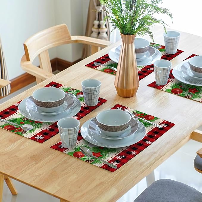 Christmas Placemats Set of 4 - Xmas Bells Place Mat 12x18 Inch Buffalo Plaid Pinecone Table Mat for Party Kitchen Dining Home Holiday Party Decor