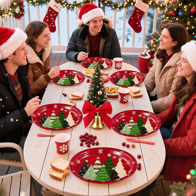 Grencian 50Pcs Christmas Oval Paper Plates 10" x 12" Large Disposable Heavy Duty Red Multiple Pine Trees Paper Platters Vintage Plate Tree Dessert Plates for Christmas Picnic Holiday Party Supplies