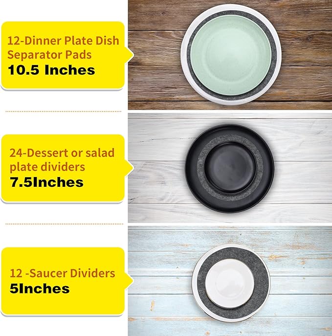 Imncya Plate Separators Storage, Set Of 60 And 3 Different Size, Thick and Premium Soft Felt Plate Dividers For China, Dish, Coffee Saucers Protecting and Stacking - Grey