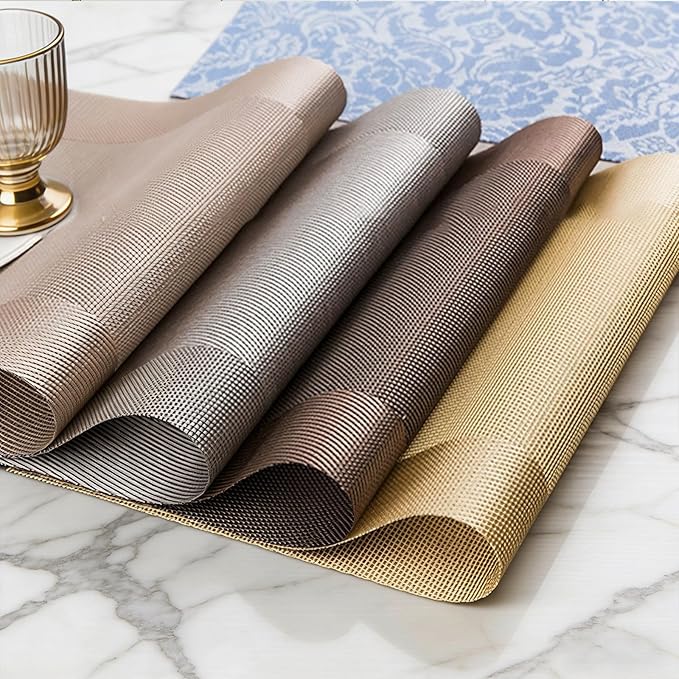 Placemats,Table Place Mats for Kitchen Dining, Heat-Resistant Anti-Skid Stain Washable PVC Table Mats, Easy to Cleaning Woven Vinyl Dinner Mats (Gold, 6 Pack)
