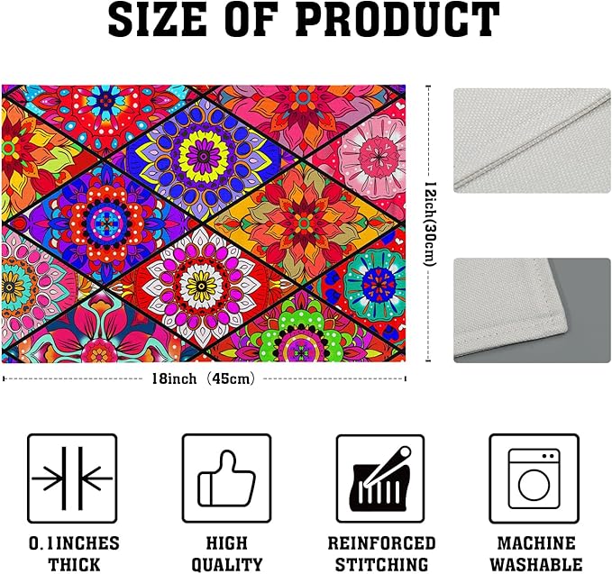 Boho Placemats Set of 4 - Bohemian Flowers Place Mats 12x18 Colorful Floral Table Mats Kitchen Mats for Party Dining Table