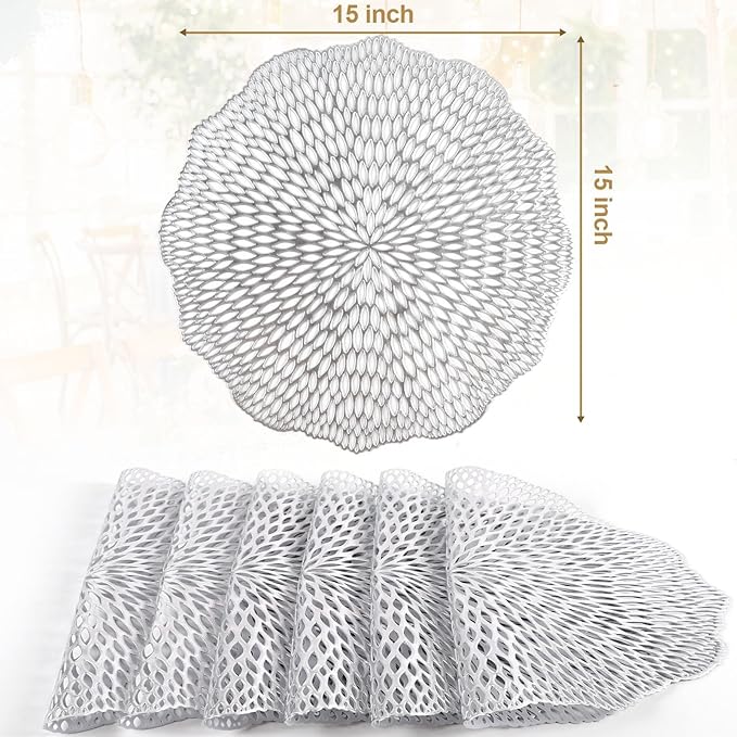 Round Placemats Set of 6, Hollow Out Table Mats Washable Wipeable Vinyl Place Mats for Wedding Party Kitchen Decorations