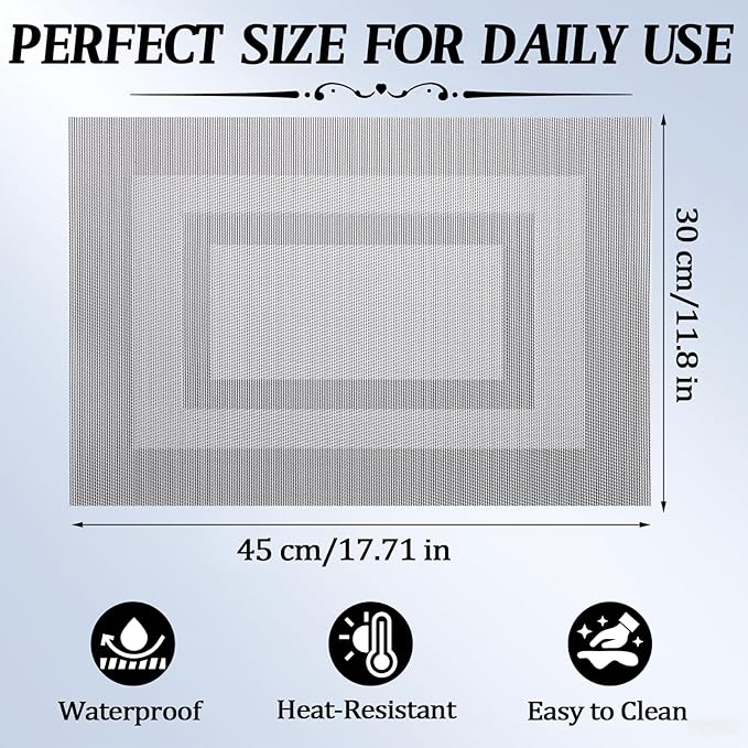 Timeet Gray Placemats Set of 6, Heat Resistant Non-Slip Place Mats, Durable Washable PVC Vinyl Woven Table Mats, Wipeable Placemats for Dining Table Easy to Clean