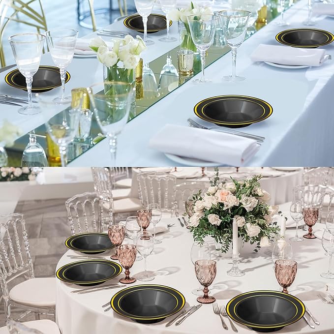 Jinei 150 Pieces 6 oz Plastic Bowls with Rim Small Disposable Soup Bowls for Dessert Salad Soup Candy Wedding Thanksgiving Catering Holidays Party Supplies (Black,Gold Rim)