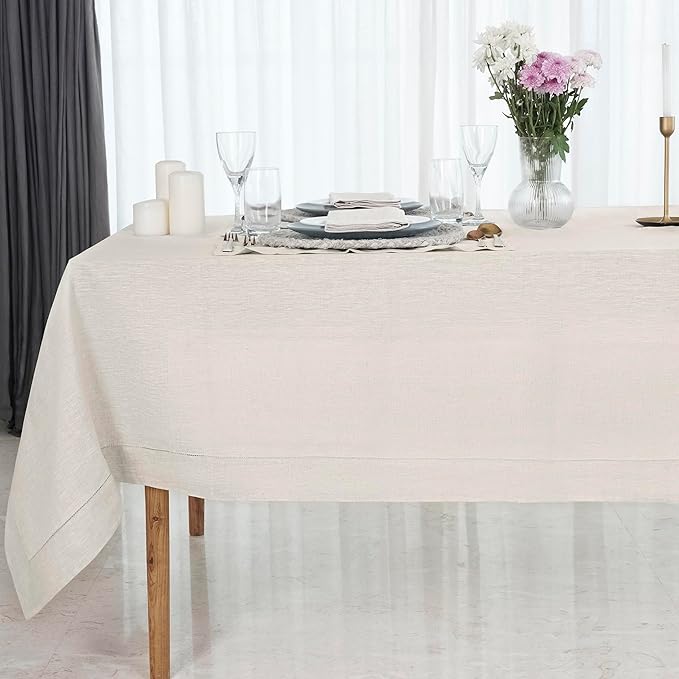 D'Moksha Homes Light Natural Linen Tablecloth 60 x 120 Inch - 100% Pure Linen Hemstitch Tablecloth for Rectangle Tables - Classic Hemstitch, Machine Washable Table Cloth for Valentines, Easter