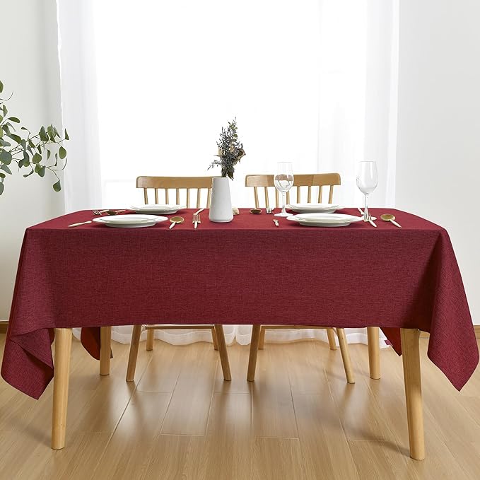 JIUZHEN Red Rectangle Tablecloth, Faux Linen, 52 x 70 Inch, Wrinkle & Spill-Resistant, Farmhouse Style, Perfect for Dining, Parties & Camping