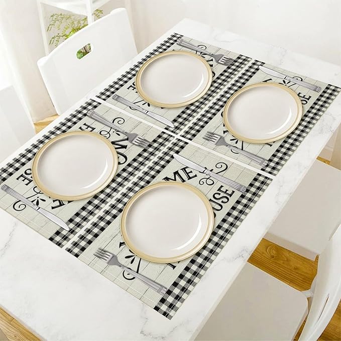 Vintage Farmhouse Placemat Set, Rustic Minimal Black White Check Inspirational Quotes Sketch Sunflower Pattern Home Decoration Linen Table Mats for Dining Room Kitchen Party (17x12in) x2P