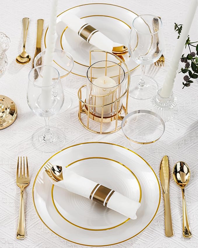 Morejoy 100Pcs Pearl White Plastic Plates,White Disposable Plates With Gold Rim,Heavy-duty Gold Plates, Modern swirl design Plate Include 50Clear Dessert-Platos,50Dinner-Platos for Party&Christmas