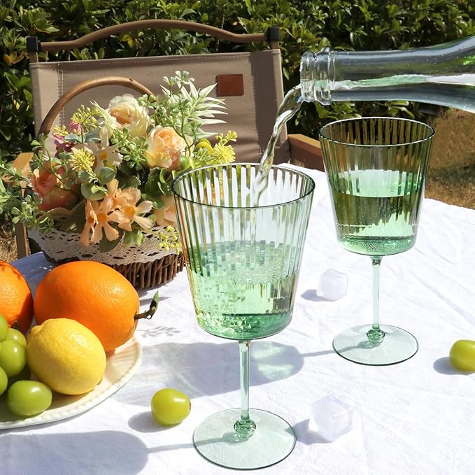 24 PCS Green Plastic Wine Glasses with Removable Stems 13.5 Oz Ribbed Wine Glasses Square White Wine Glass Muted Pastel Colors Goblets Elegant Fluted Glassware for Wedding Anniversary Birthday