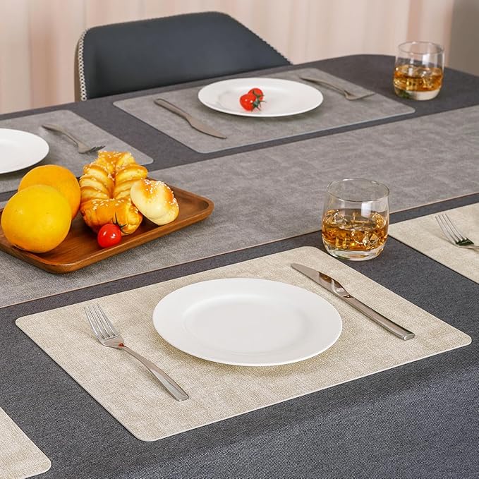 Myir JUN Reversible Vinyl Placemats Set of 8, Faux Leather Place Mats Dual Sided Waterproof Wipeable, Heat-Resistant Table Mats for Kitchen Dining Indoor Outdoor (12" x 17", Light Gray Cream-White)