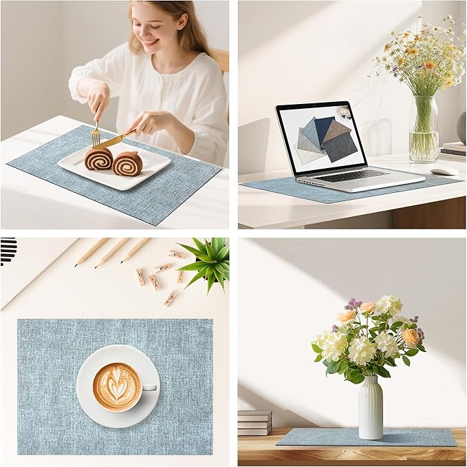 DOLOPL Placemats Set of 4, Reversible Wipeable & Heat Resistant Place Mats, Modern Faux Leather Table Mats for Kitchen, Neutral Waterproof Tablemats for Dining Table Decor, Wedding, Party(Dusty Blue)