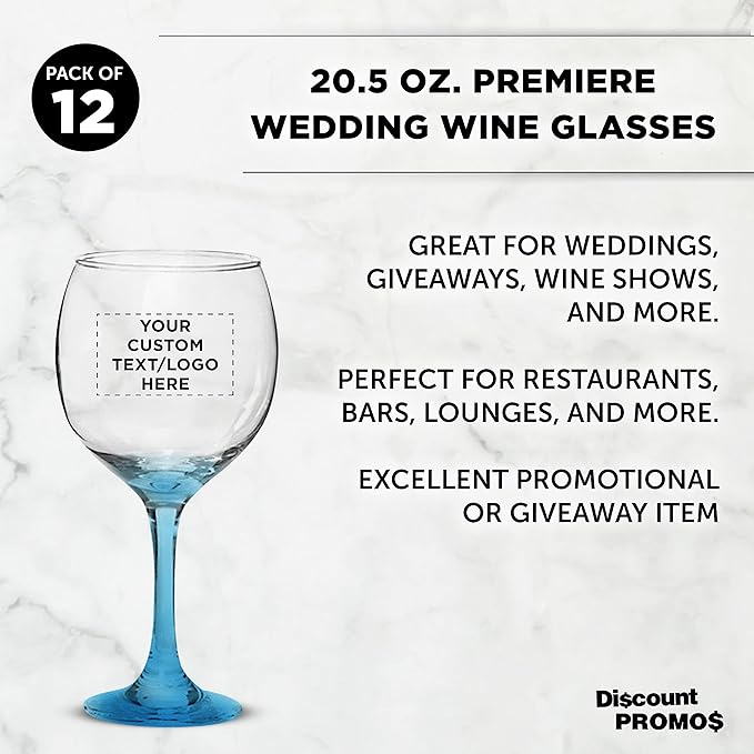Custom Premiere Wedding Wine Glasses 20.5 oz Set of 12, Personalized Bulk Pack - Restaurant Glassware, Perfect for Red Wine or White Wine - Blue