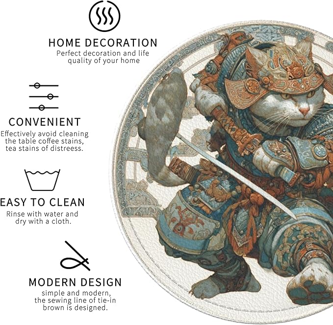Japanese Cat Coasters Leather Round Drink Coasters 6 Pcs Set with Holderor for Cup Drink Coffee Table Bar Home Decor