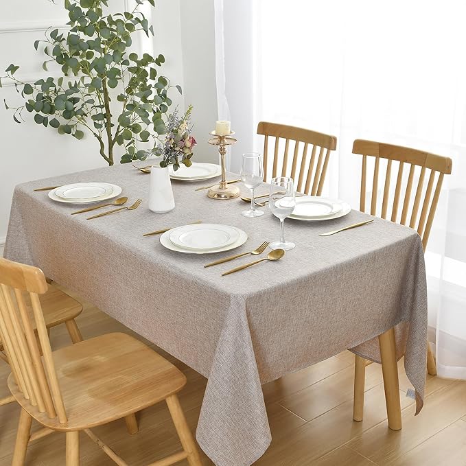 JIUZHEN Rectangle Table Cloth Faux Linen Farmhouse Tablecloth Wrinkle and Stain Resistant Decorative Fabric Table Cover for Kitchen, Dining Room, Parties and Camping, Stone, 60 x 102 Inch