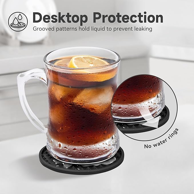 Coasters for Drinks, Silicone Coasters Set of 6 with Metal Holder, Outdoor Coaster for Coffee Table, Non-Slip Rubber Table Cup Mat Desk, Heat Resistant & Scratch-Proof (Black)