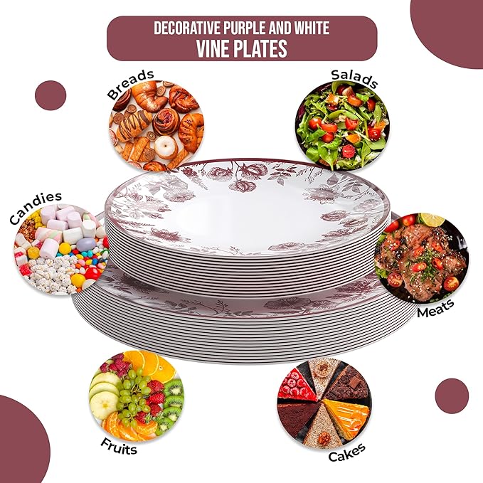 Trendables Disposable Plates For Party Supplies | Burgundy Floral Plastic Plates For Wedding 80 Pcs - 40 X 8 & 40 X 10 Dinner Plate Sets | Floral Plate Set Disposable Plastic Dinnerware Sets