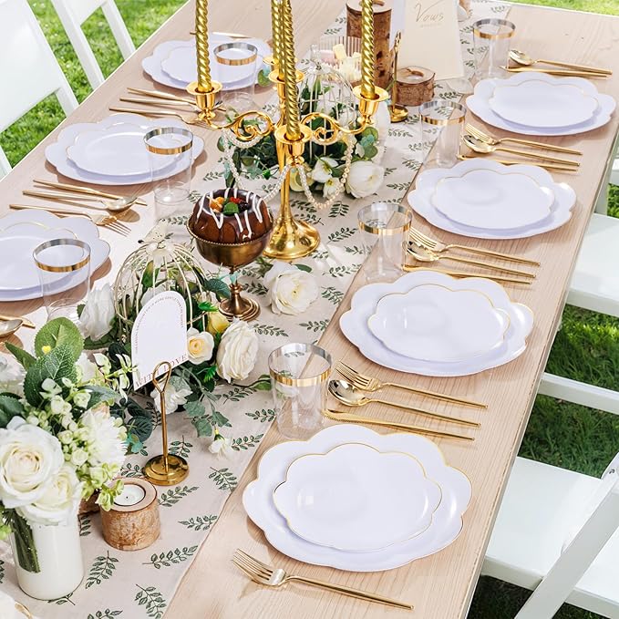 EI 180pcs White Plastic Plates with Gold Plastic Silverware,Heavy-Duty Disposable Plates for Party,White Dinnerware Set for 30 Guest Wedding,Birthday,Spring Afternoon Tea