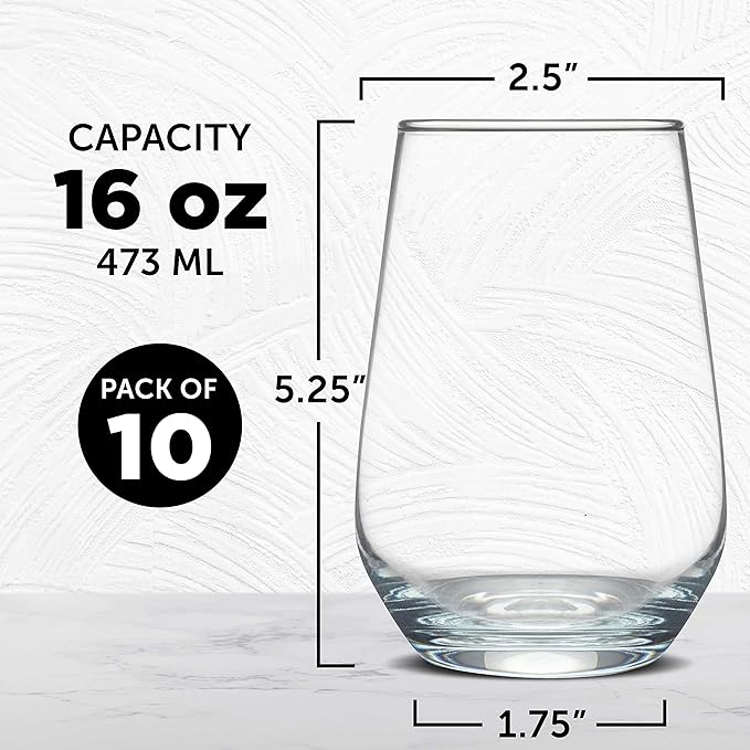 DISCOUNT PROMOS 10 Vaso Silicia Stemless Wine Glasses Set, 16 oz. - Clear, Orb-Like, Thick base - Clear