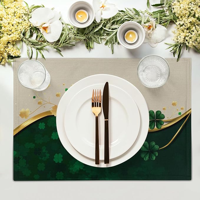 Green Shamrock Placemats - St Patricks Day Place Mats Set of 4 Clover Table Mats 12x18 for Party Dining Table